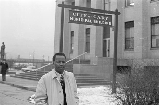 Mayor Richard G. Hatcher Standing in Front of Building 