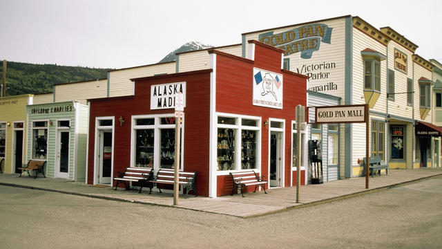 Shops at a street corner, Skagway, Alaska, USA 