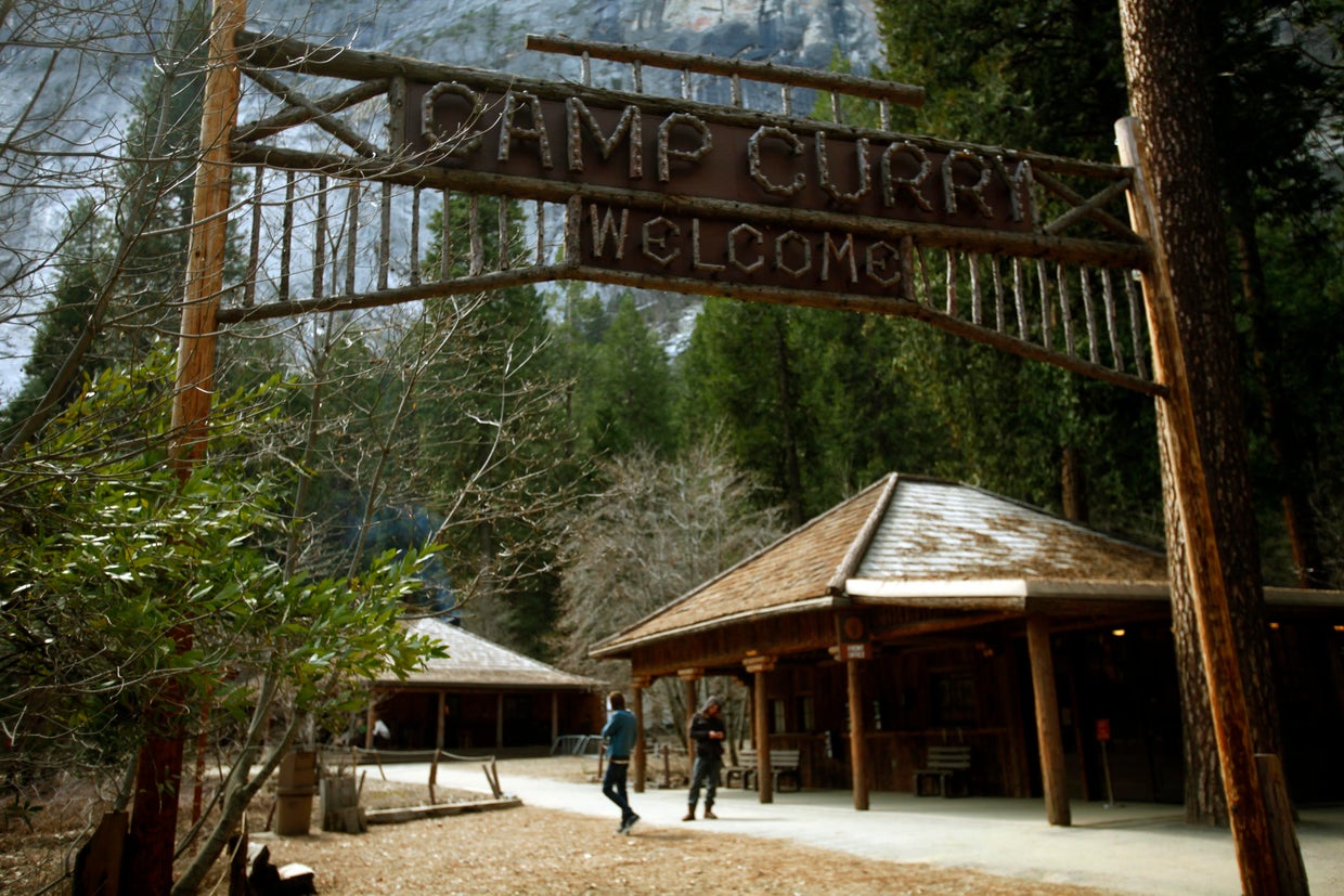 The historic wood sign at Camp Curry still greets visitors arriving at the famous lodging site in Y 