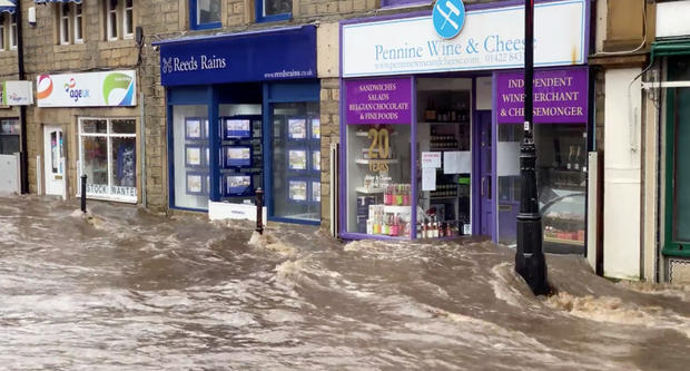 A flooded street is seen after Storm Ciara downpour in Hebden Bridge 