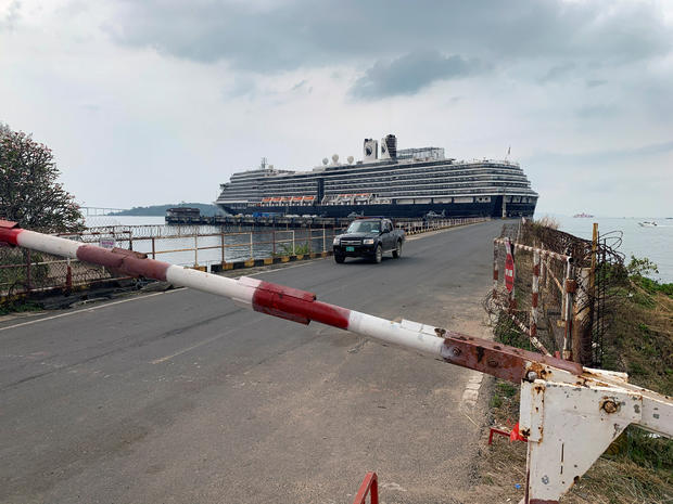 A general view of the security checkpoint in front of cruise ship MS Westerdam at dock in the Cambodian port of Sihanoukville, Cambodia 
