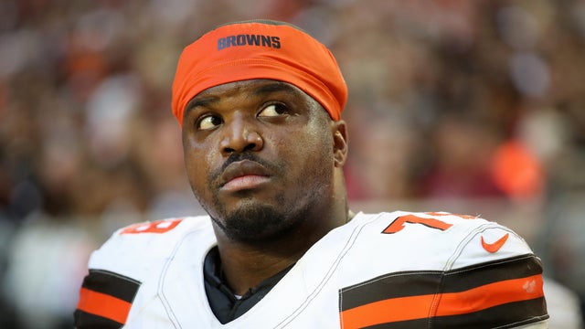 Offensive tackle Greg Robinson of the Cleveland Browns is seen on the bench during the second half of a game against the Arizona Cardinals at State Farm Stadium on December 15, 2019, in Glendale, Arizona. 
