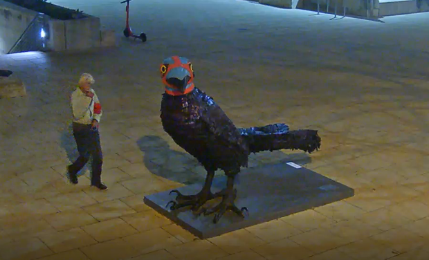 Austin arson suspect and grackle sculpture 