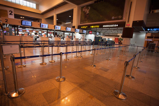 A view of the empty check-in counters at Don Mueang Airport 