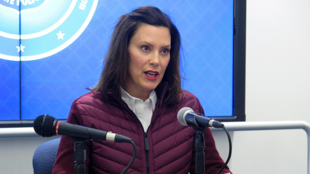 Michigan Governor Gretchen Whitmer announces the state's first two cases of coronavirus, at the Michigan State Police headquarters in Windsor Township, Michigan, March 10, 2020. 