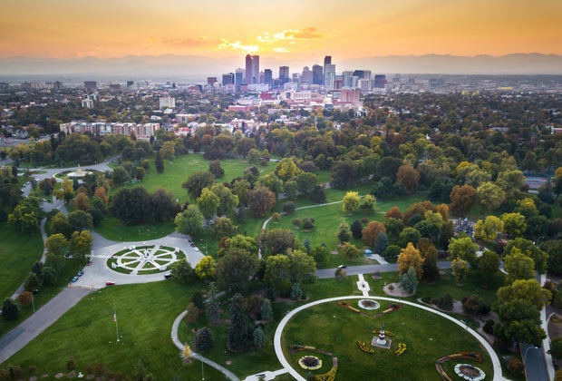 Sunset over Denver cityscape, aerial view from the park 