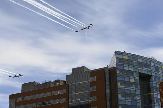 Blue Angels and Thunderbirds fly over Johns Hopkins Hospital 