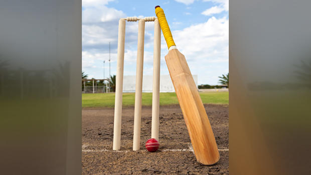 Cricket wickets, cricket ball, cricket bat 