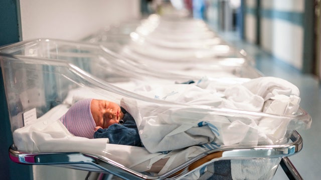 Newborn baby in first of many small hospital beds 