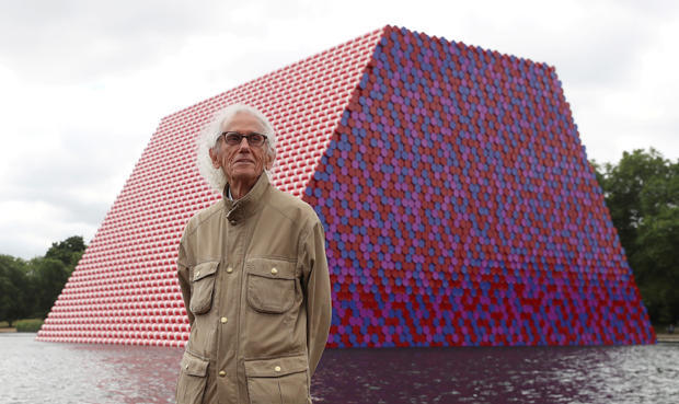 FILE PHOTO: Artist Christo stands in front of his work The London Mastaba, on the Serpentine in Hyde Park, London 