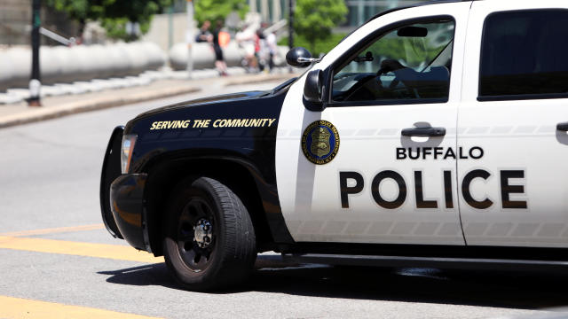 A police vehicle is seen parked in front of City Hall before a protest over the death of George Floyd in Buffalo, New York, on June 5, 2020. 