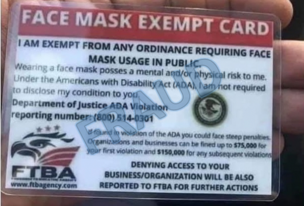 Fraudulent Face Mask Exempt Card 