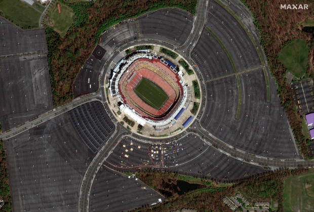 BALTIMORE, MARYLAND -- APRIL 3, 2020:  Maxar satellite imagery of the coronavirus testing at FedEx Field in Baltimore, Maryland during the COVID-19 pandemic. 
