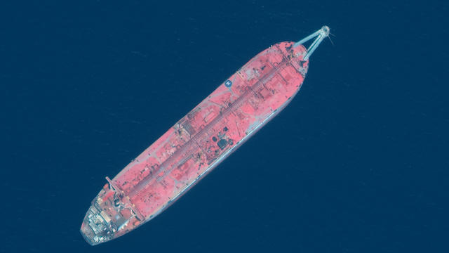 A handout satellite image released July 15, 2020 shows a close up view of FSO Safer oil tanker anchored off the port of Hudaydah 