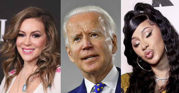 Composite of Joe Biden and Hollywood Celebrities Alyssa Milano and Cardi B 