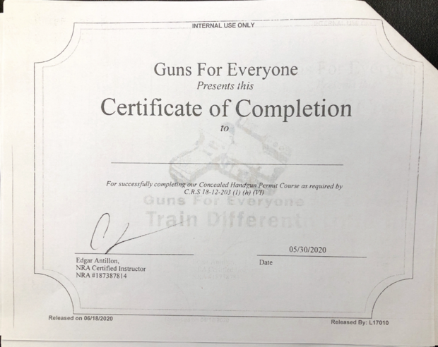 Guns For Everyone certificate (provided by Larimer Sheriff) 