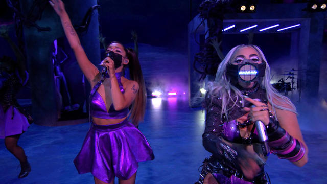 Lady Gaga and Ariana Grande perform during the 2020 MTV VMAs 