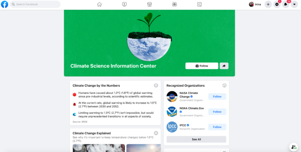 Facebook's climate science information page 