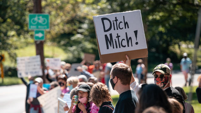 Protesters Demonstrate Against Sen. Mitch McConnell In Wake Of Supreme Court Justice Ruth Bader Ginsburg's Death 