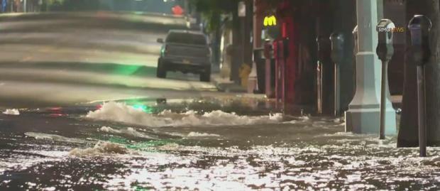Gushing Waters Flood Ventura Blvd. In Sherman Oaks After Water Main Break 
