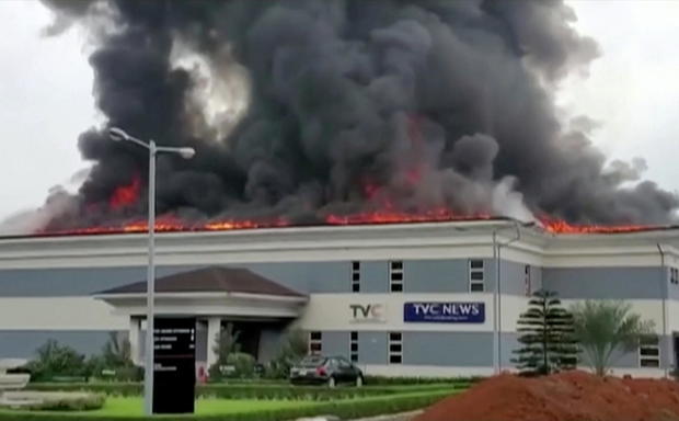 Roof of TVC television station in flames in Lagos 