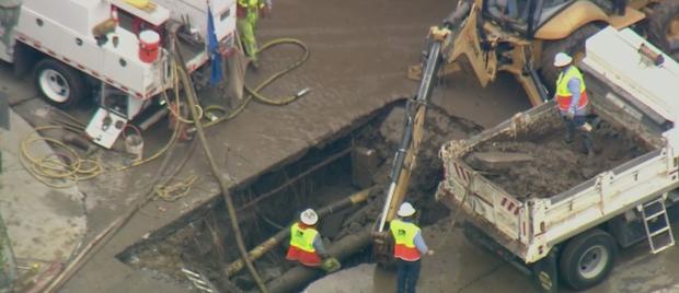 Pipe Break Sends Thousands Of Gallons Of Water Flooding Cahuenga Blvd. In Hollywood 