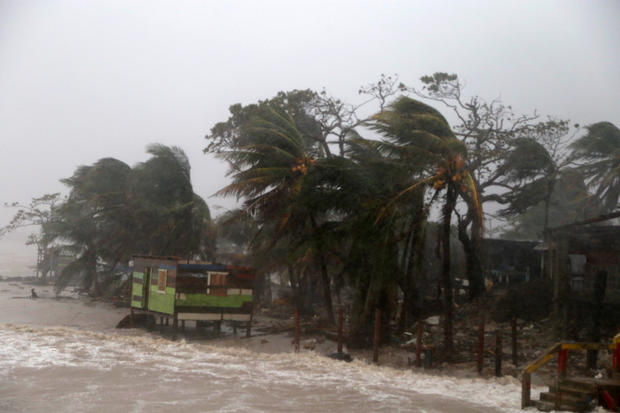 Palm trees blow in the wind as Nicaragua prepares to receive hurricane Iota on November 16, 2020, in Puerto Cabezas, Nicaragua. 