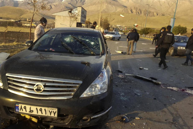 A photo released by the semi-official Fars News Agency shows the scene where Mohsen Fakhrizadeh was killed in Absard, a small city just east of the capital, Tehran, Iran, on November 27, 2020. 