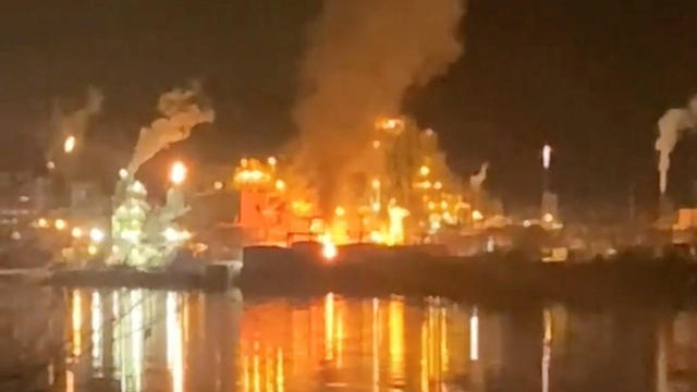 View of fires at Chemours chemical plant following explosion in Belle, West Virginia 