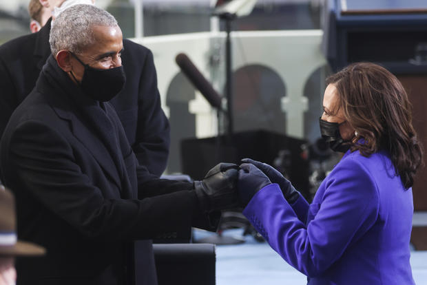 Former President Barack Obama greets Vice President-elect Kamala Harris at the presidential inauguration 