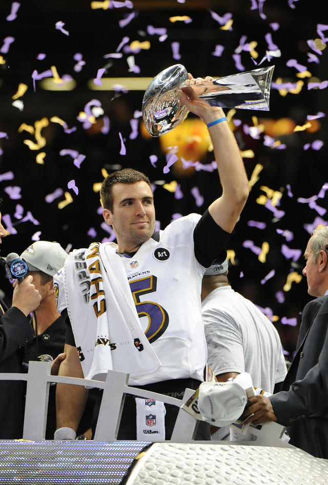 Baltimore Ravens quarterback Joe Flacco, Super Bowl MVP, holds the Lombardi  trophy at Super Bowl XLVII at the Mercedes-Benz Superdome on February 3,  2013 in New Orleans. Baltimore beats San Francisco 34-31