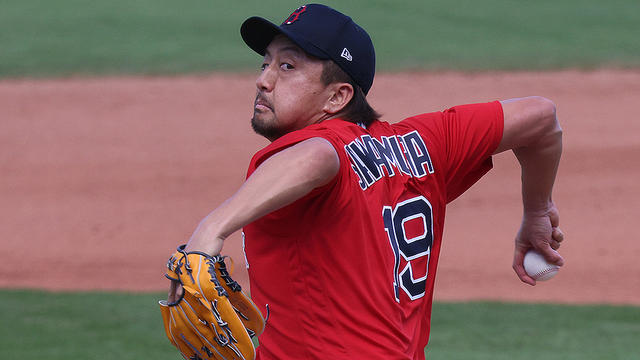 Boston Red Sox relief pitcher Hirokazu Sawamura (19) throws