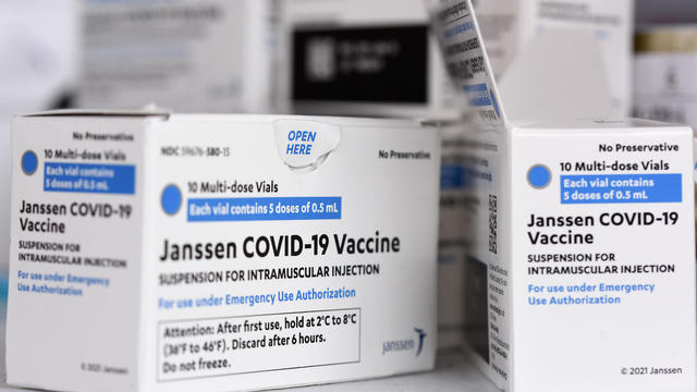 Johnson & Johnson COVID-19 vaccine boxes are seen at a 