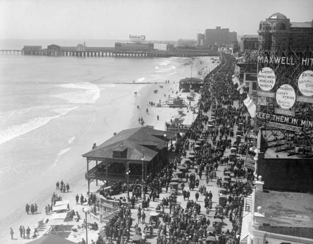 Aerial View of Crowds on a Boardwalk 