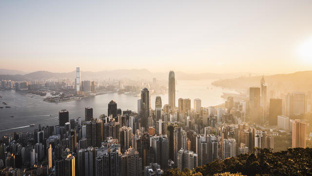 sunrise over Victoria Harbor hong kong 