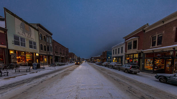 Downtown Telluride Colorado in snowstorm 