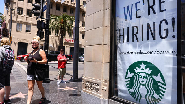Starbucks sign saying "we're hiring" in Los Angeles 