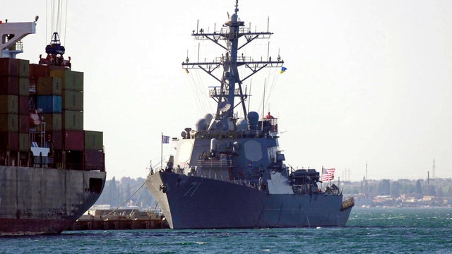 US Navy USS Ross guided missile destroyer enters port of Odessa to take part in Sea Breeze 2021 exercise 
