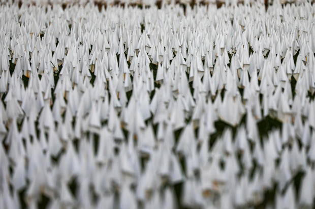 Art installation of white flags in Washington for the staggering loss of Covid-19 