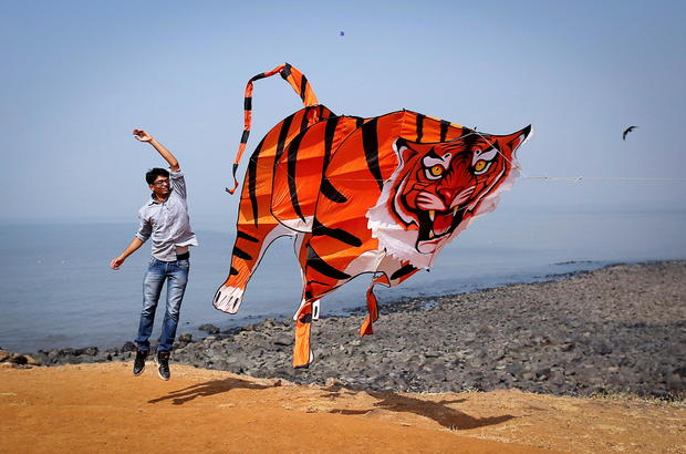 FILE PHOTO: A participant flies a tiger shaped kite during the International Kite Festival in Mumbai 