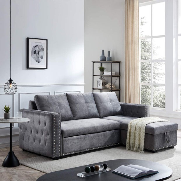 Morden Fort velvet reversible sleeper sectional sofa 