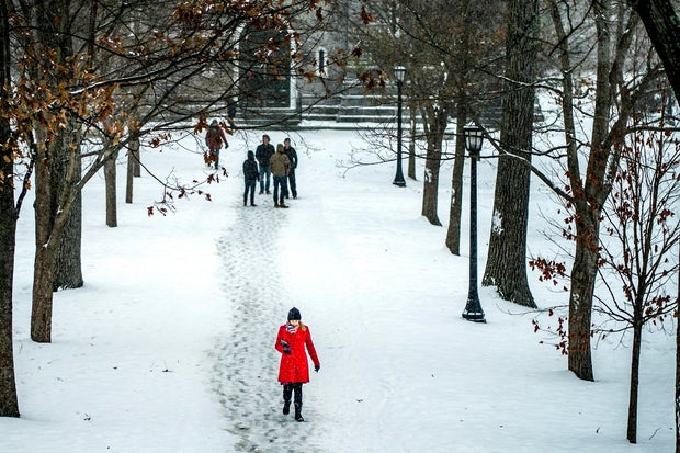 Rebekah Beaulieu, the associate art director of the Bowdoin Art Museum, walks through the College's quad as a snow a snow storm moved across Coastal and Central Maine Tuesday, December 12, 2017. 