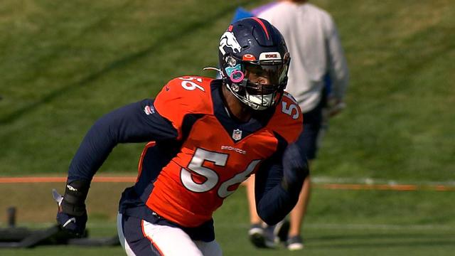 Denver Broncos linebacker Baron Browning takes part in a drill during an  NFL football rookie minicamp at the team's headquarters Saturday, May 15,  2021, in Englewood, Colo. (AP Photo/David Zalubowski Stock Photo 