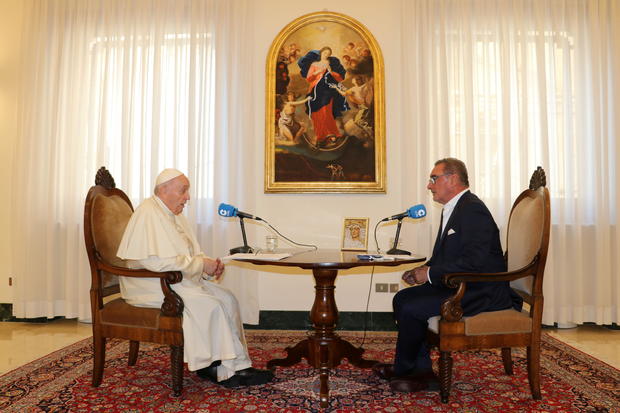 Pope Francis speaks during an interview with Spanish radio station COPE at the Vatican City 