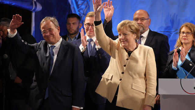 Merkel And Laschet Campaign In Stralsund As Elections Near 