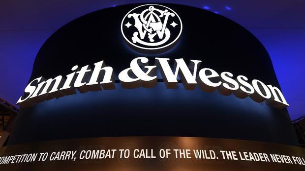 A sign at the Smith & Wesson booth is shown at the Sands Expo and Convention Center on Jan. 19, 2016, in Las Vegas, Nevada. 