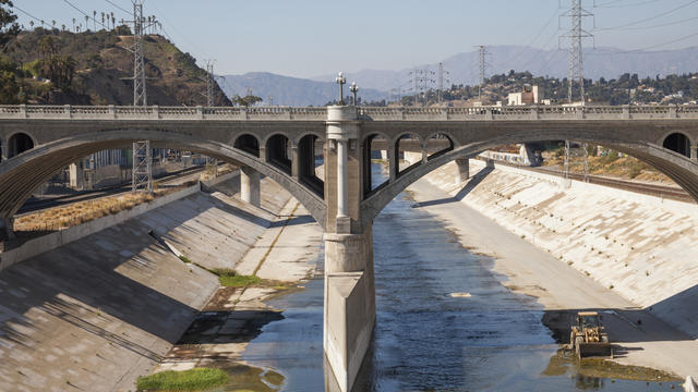 Bridge over urban aqueduct of Los Angeles River, Los Angeles, California, United States 