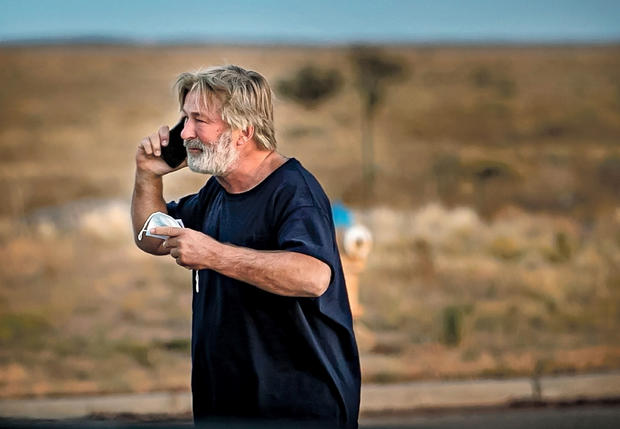 Actor Alec Baldwin on a phone call outside the Santa Fe County Sheriff's Office on October 20, 2021. 