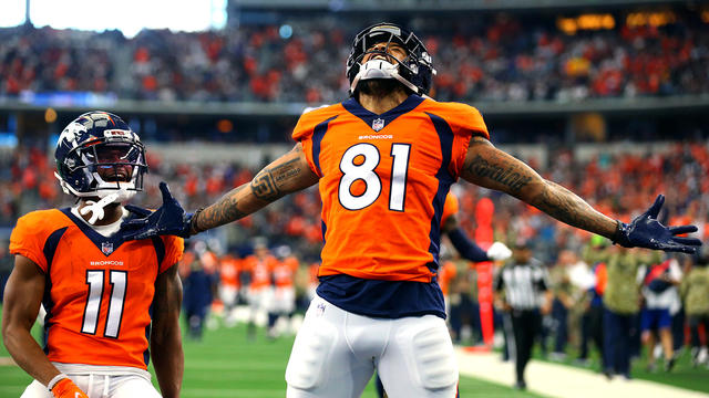 Denver Broncos wide receiver Tim Patrick (81) celebrates a