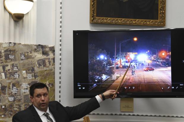 James Armstrong, of the state crime lab, points to drone video he digitally enlarged during Kyle Rittenhouse's trial at the Kenosha County Courthouse in Kenosha, Wisconsin, on November 9, 2021. 